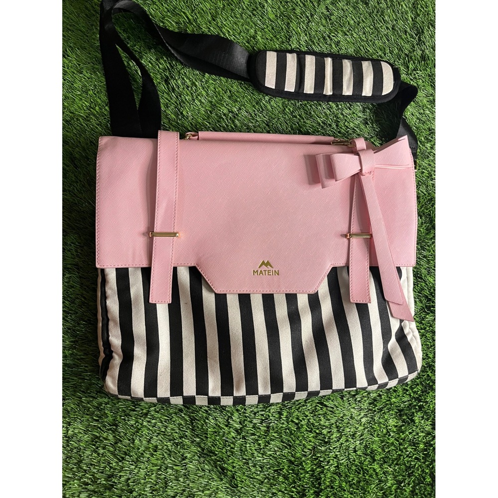 MATEIN Laptop Bag Womens Large Pink Striped Bow Canvas Faux Leather Messenger